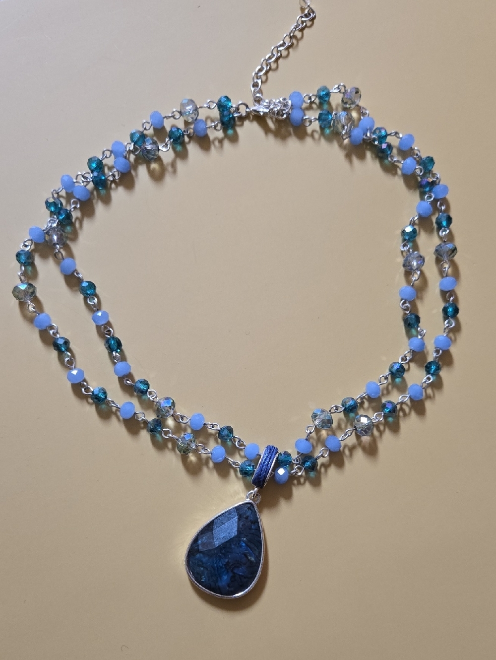 Napier Blue Teardrop Pendant Necklace with Multi-Strand Ab Crystal  Beads